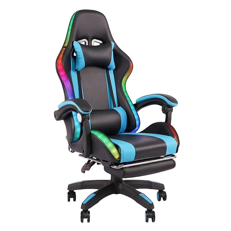 Sclóine Gairmiúil Gorm Recling RGB Gamer Cathaoirleach Cearrbhachais faoi cheannas armrest inchoigeartaithe le coiscéim (Y-2442)